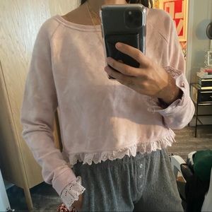 Love shack fancy pink lace trim cropped sweatshirt